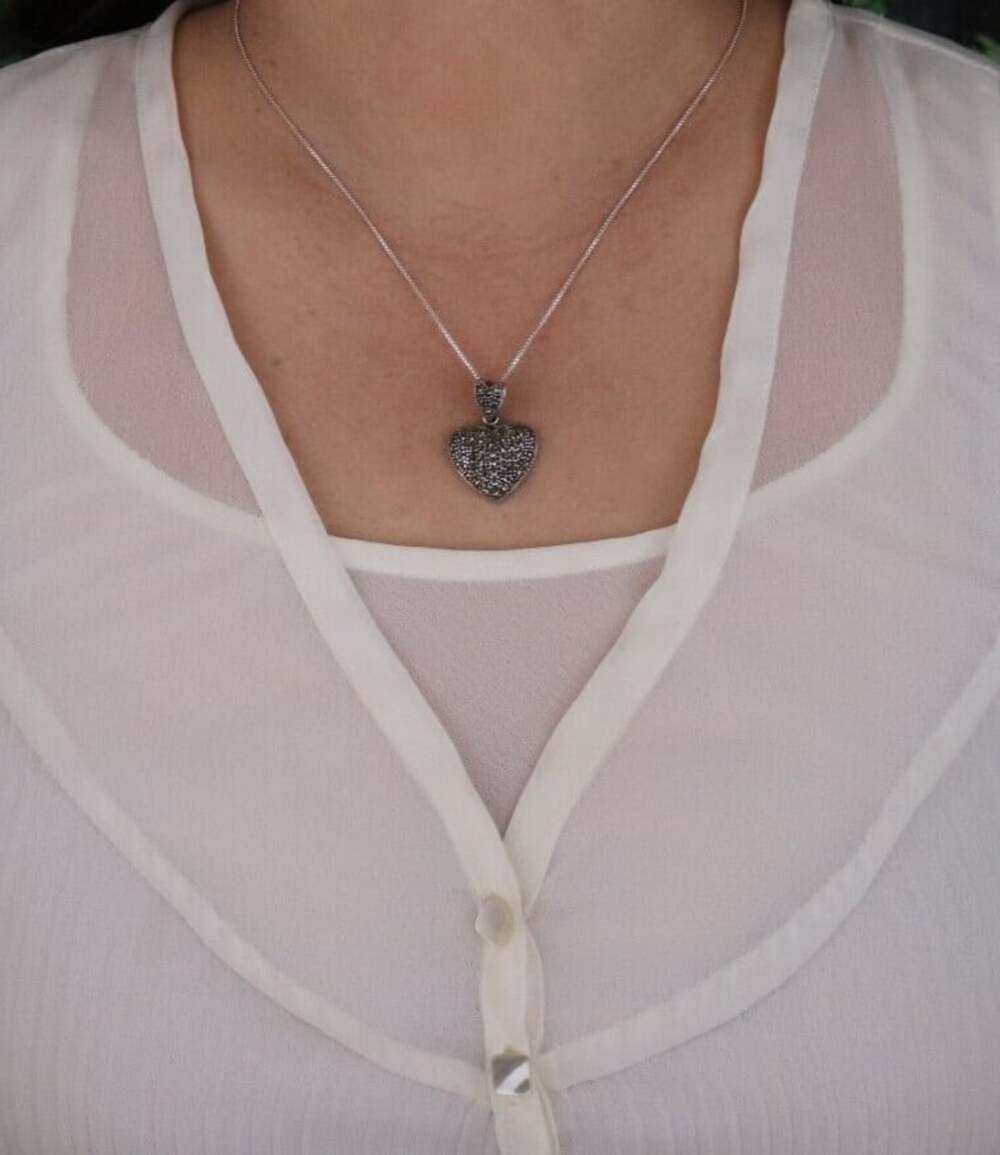 Pendant Only Sterling Silver Marcasite Heart Pendant 1" x 3/4" - Picture 4 of 6